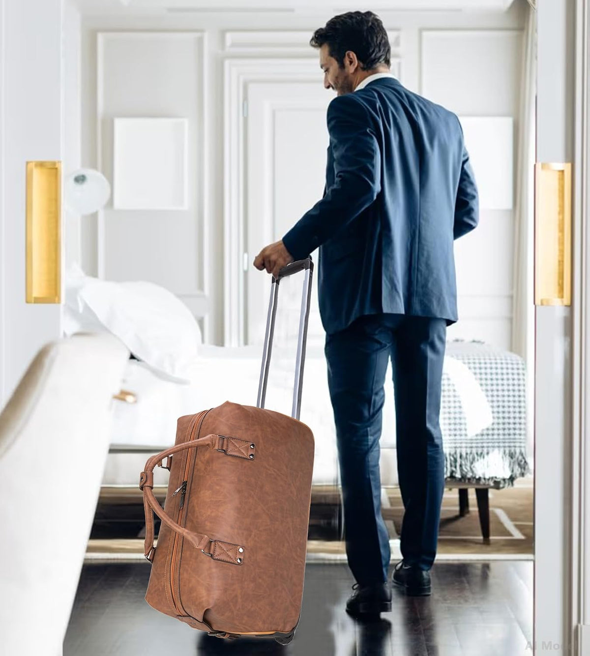 PU Leather Rolling Duffel Bag, Waterproof Weekender with Wheels