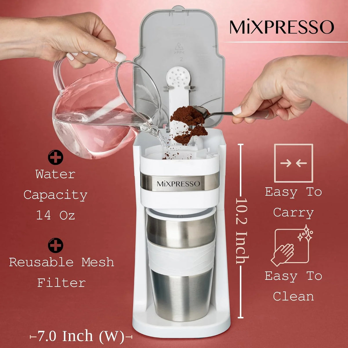 Single Serve Coffee Maker Ground Coffee and 14Oz Travel Mug White