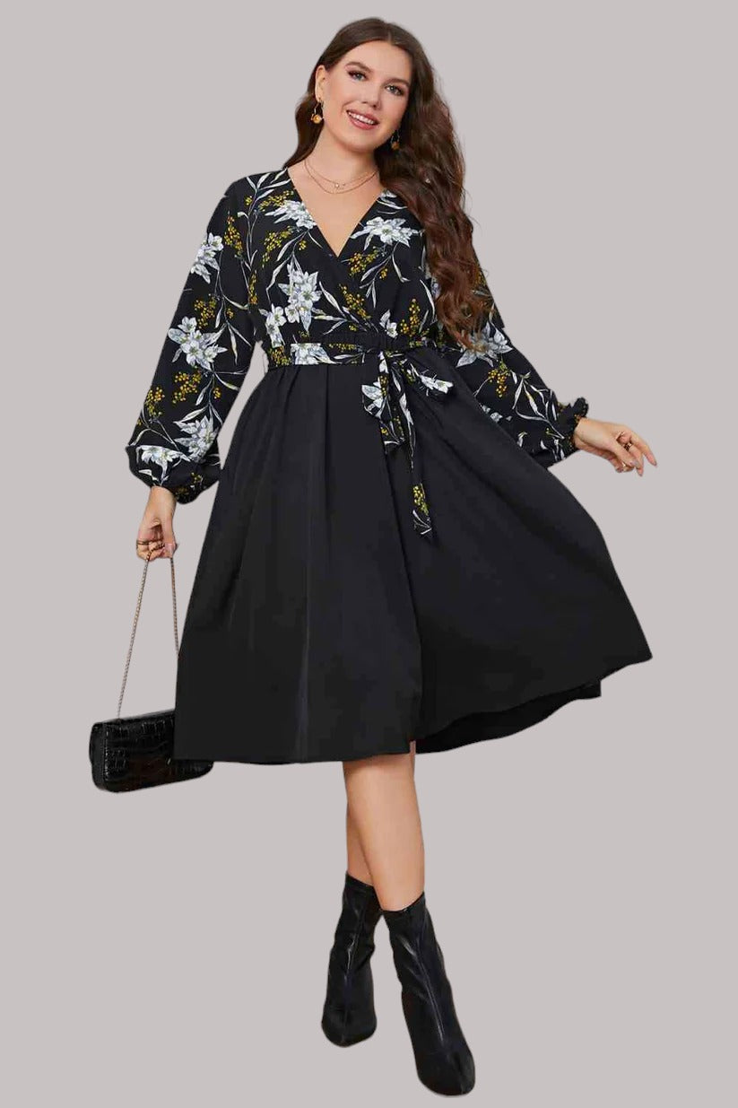 Plus Size Floral Print Tie Belt Midi Dress