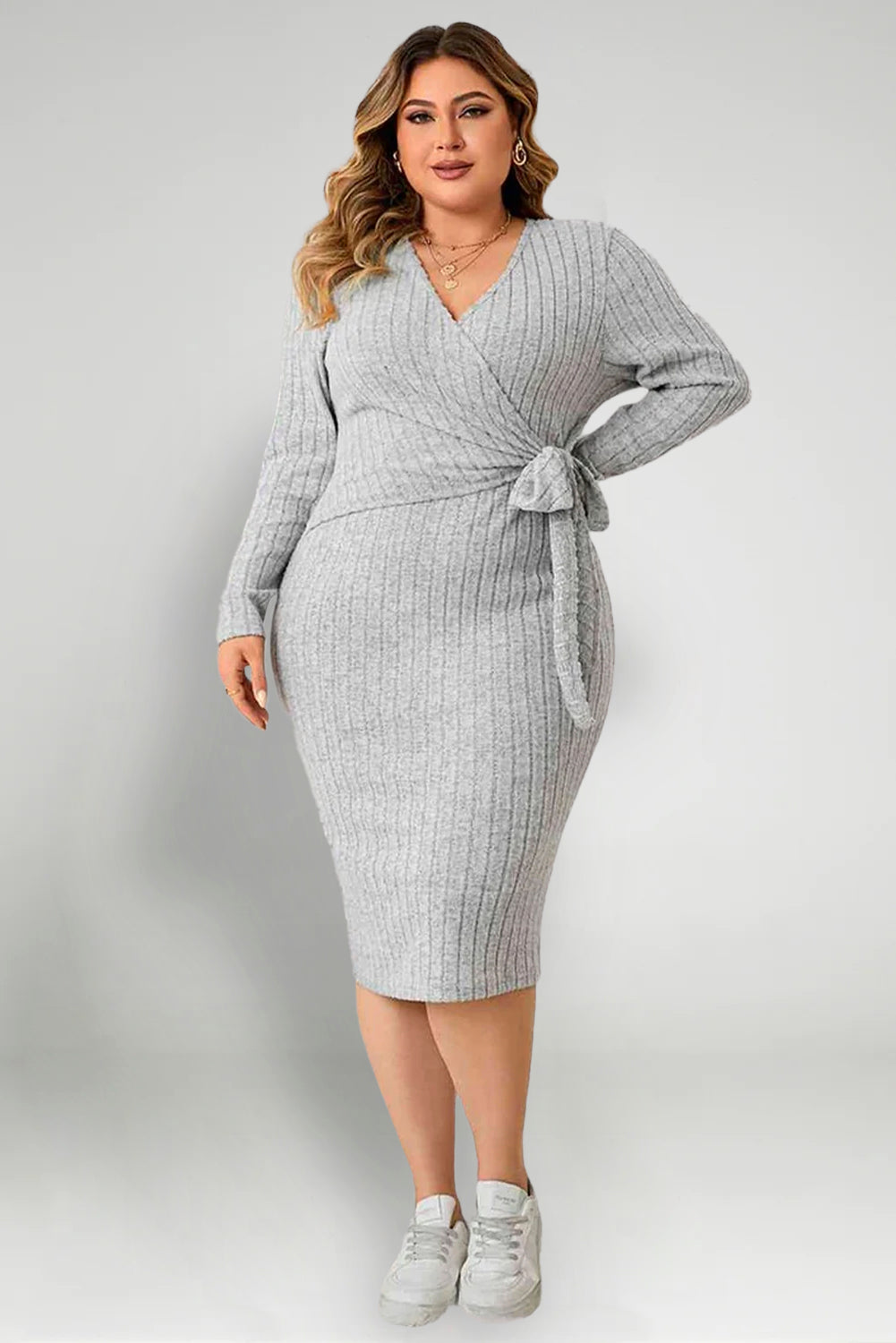 Plus Size Surplice Neck Long Sleeve Slit Dress