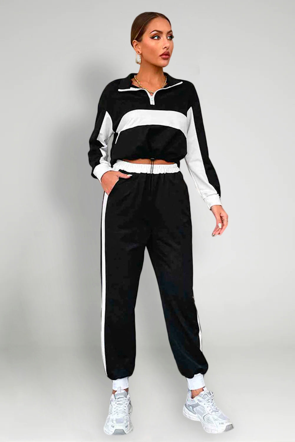 Striped Half Zip Cropped Sweatshirt and Joggers Set