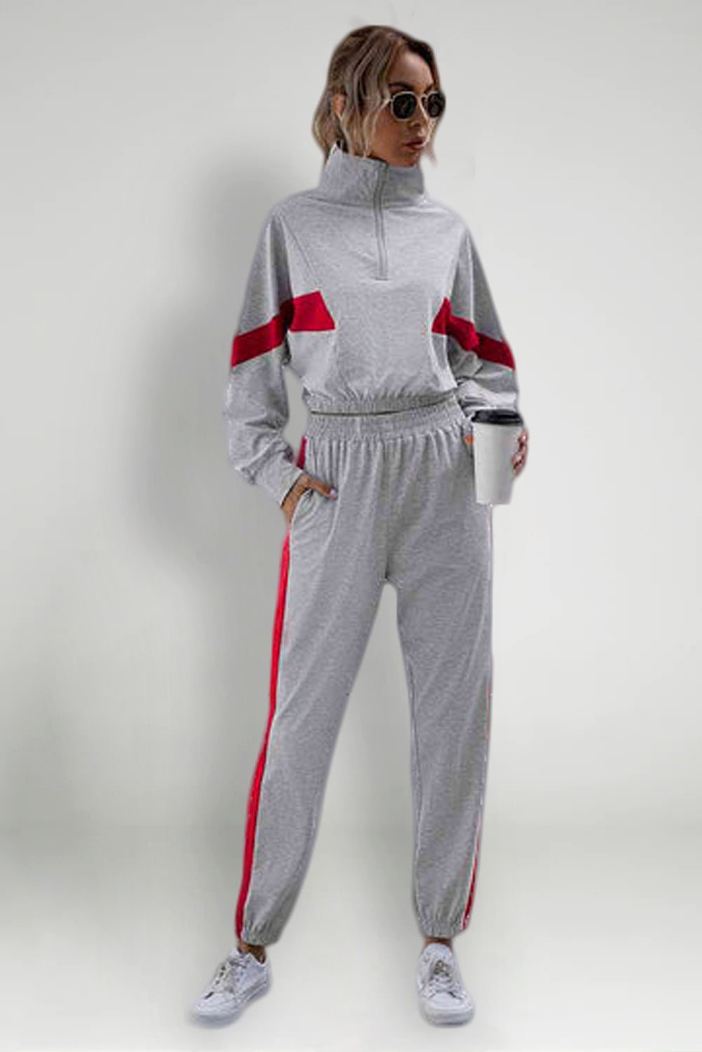 Turtle Neck Long Sleeve Zip-Up Top Long Pants Set