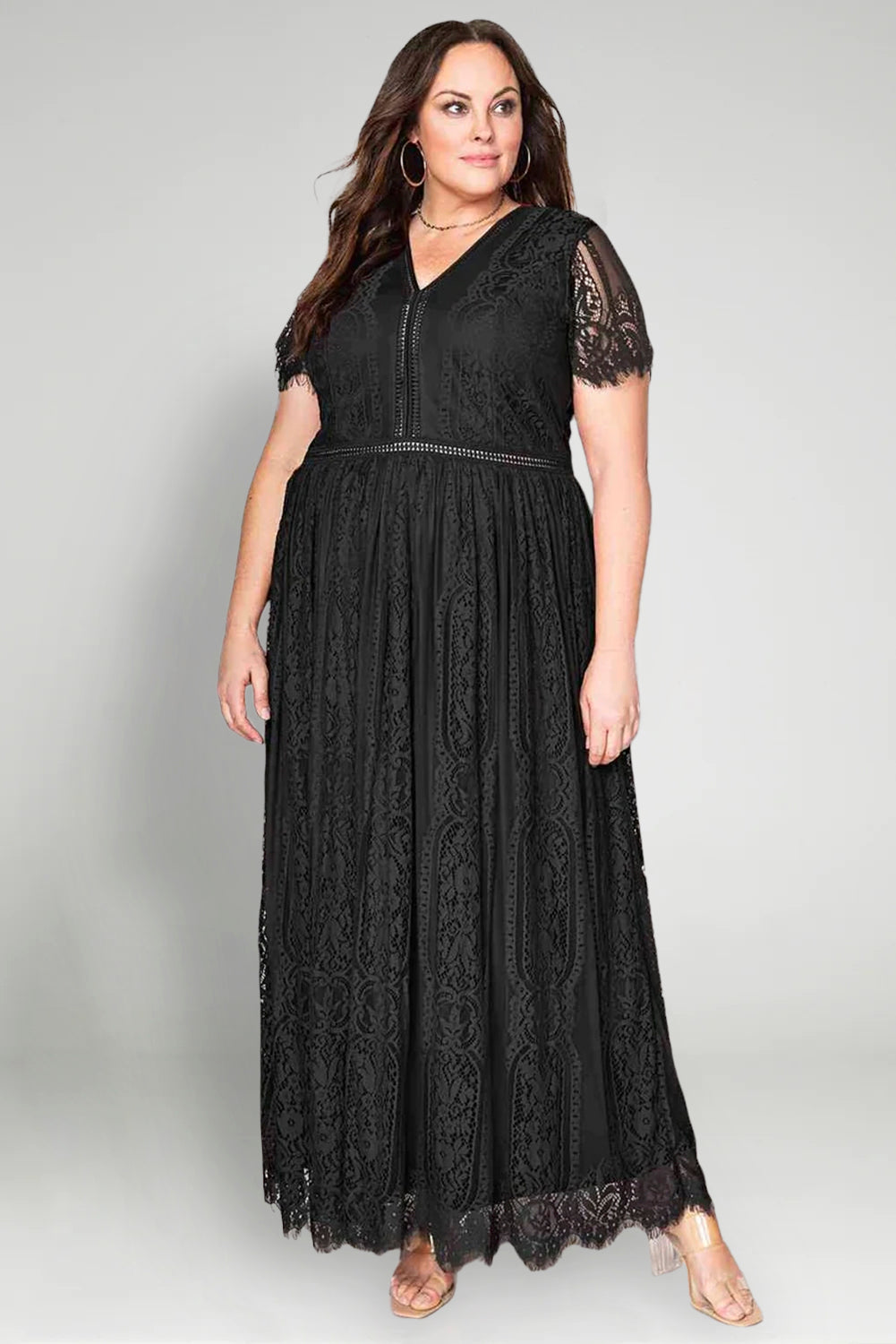 V-Neck Short Sleeve Lace Maxi Dress