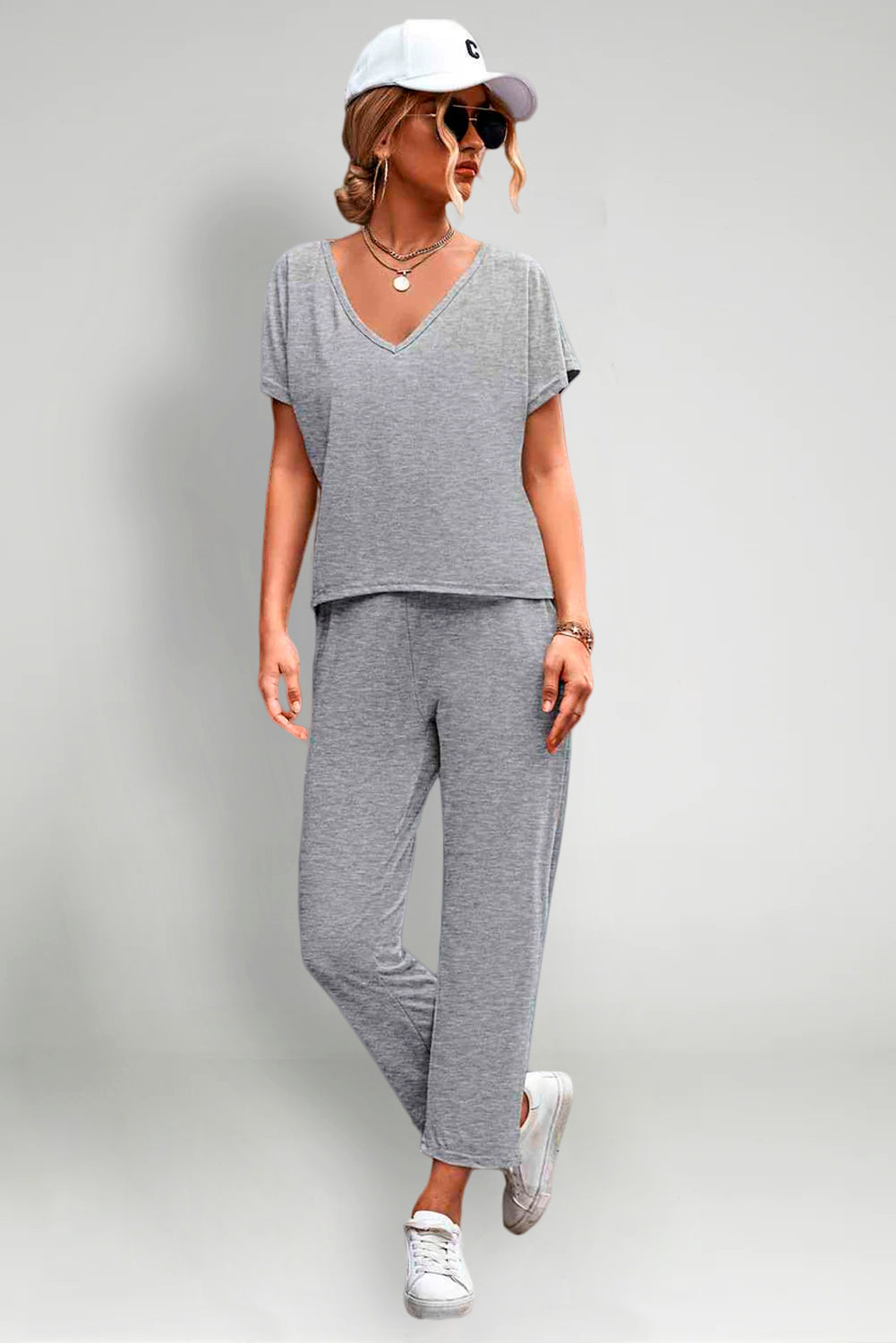 V-Neck Short Sleeve T-Shirt and Drawstring Waist Pants Set