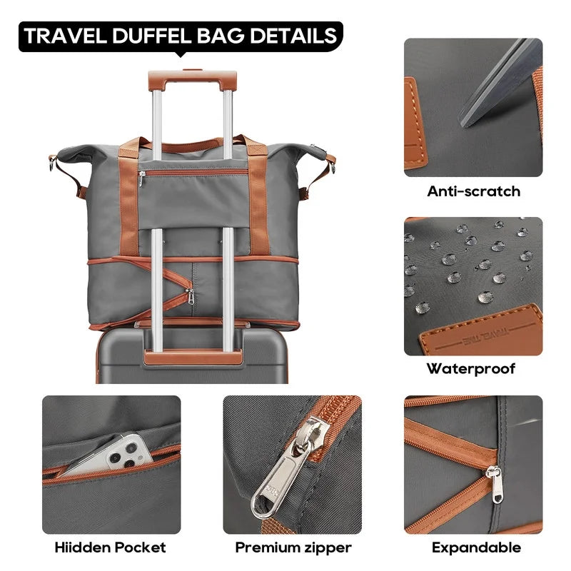 2 Piece Travel Duffel Bag Set Waterproof Carry-On Weekender Bag with Toiletry Bag, Lightweight Expandable Overnight Luggage for Women & Men