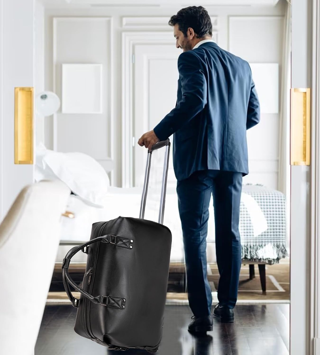 PU Leather Rolling Duffel Bag, Waterproof Weekender with Wheels