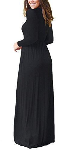 Casual Long Sleeve Black Maxi Dresses with Pockets