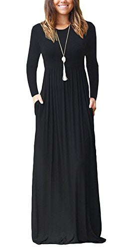 Casual Long Sleeve Black Maxi Dresses with Pockets