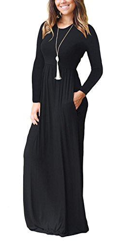 Casual Long Sleeve Black Maxi Dresses with Pockets