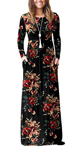 Casual Long Sleeve Black Maxi Dresses with Pockets