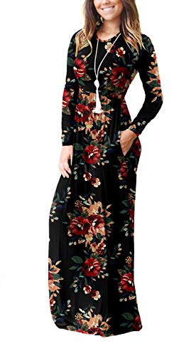 Casual Long Sleeve Black Maxi Dresses with Pockets