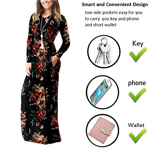 Casual Long Sleeve Black Maxi Dresses with Pockets