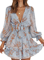Casual Vacation Ruffle Long Sleeve Empire Waist Tie Knot Cute Chiffon Dress