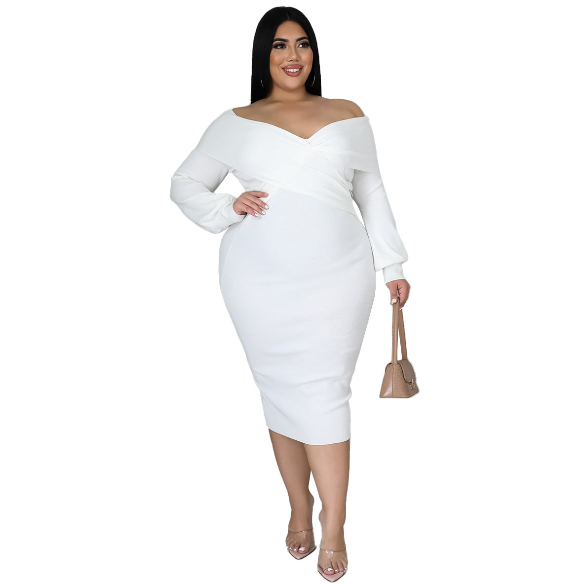Plus Size Woman Women V-neck Solid Color Midi Dress Sexy Dress