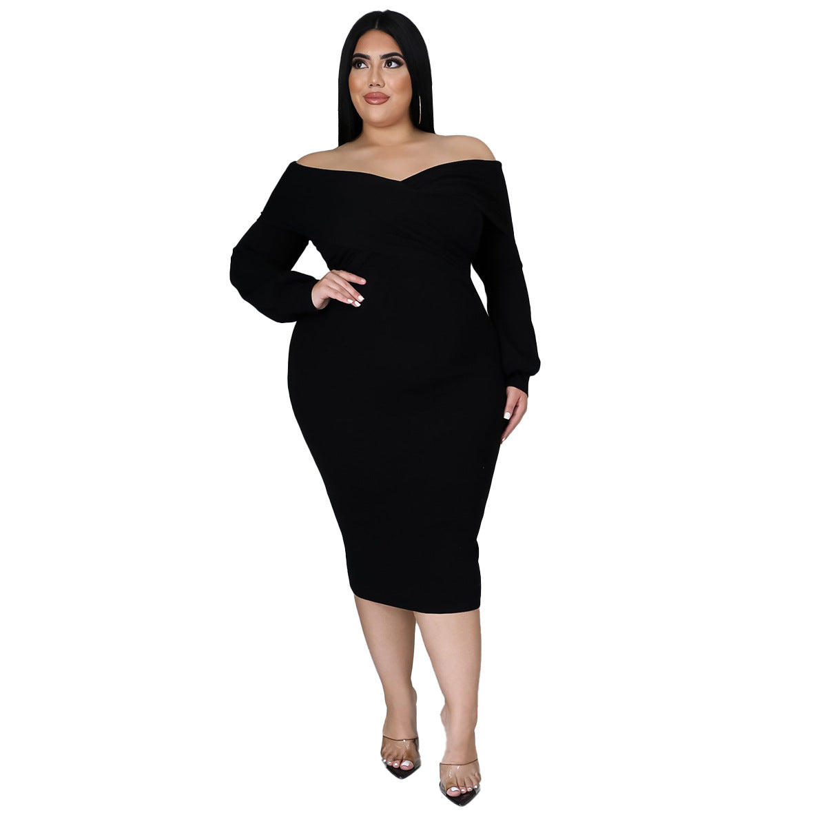 Plus Size Woman Women V-neck Solid Color Midi Dress Sexy Dress