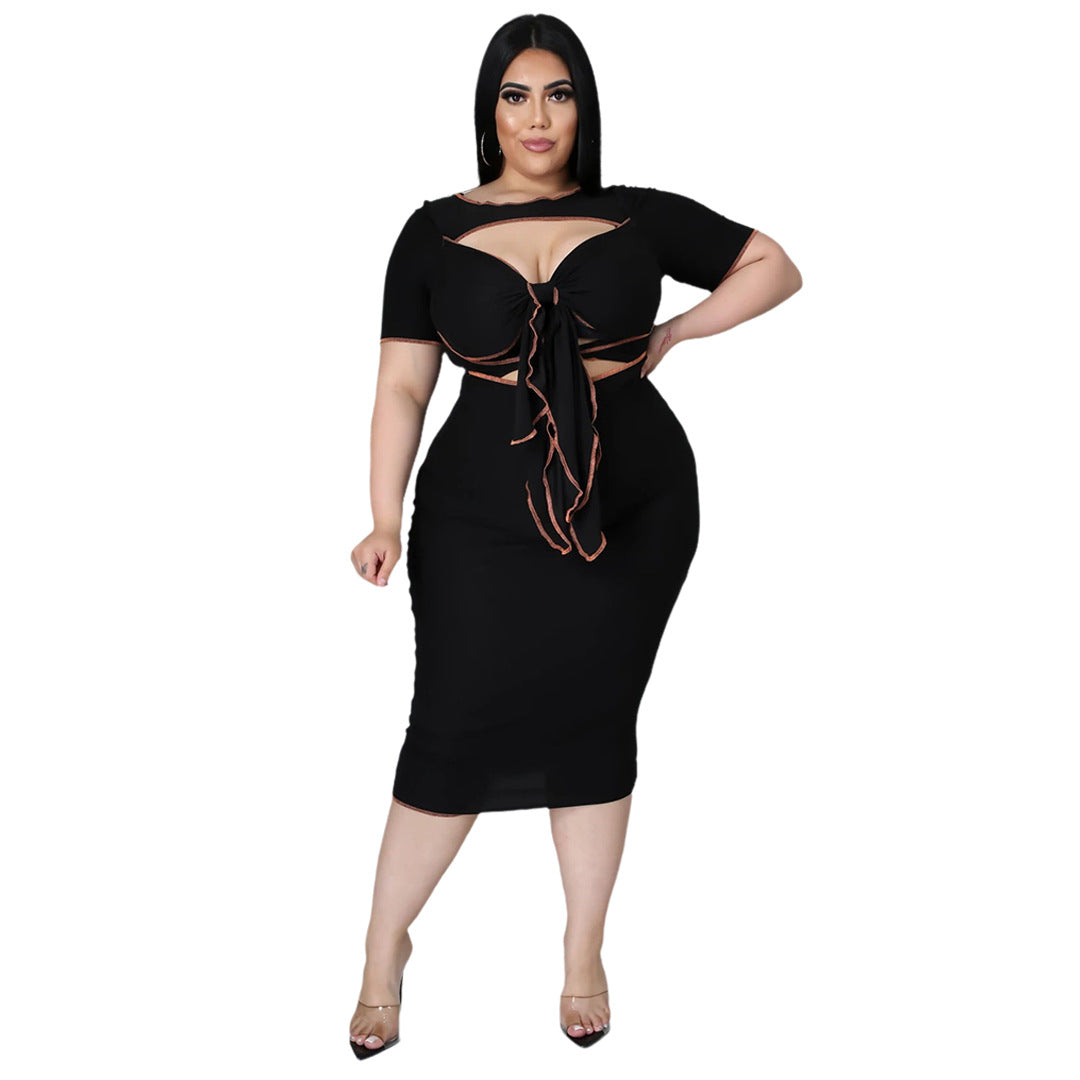 Plus Size Women Solid Color Reverse Side Hollow Out Cutout out Strap Dress