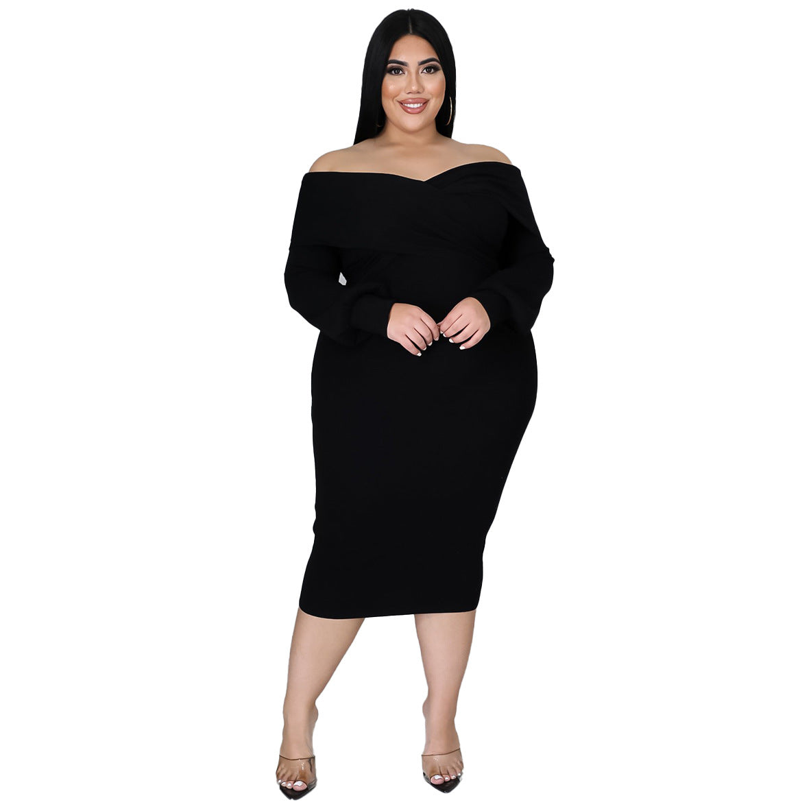 Plus Size Woman Women V-neck Solid Color Midi Dress Sexy Dress