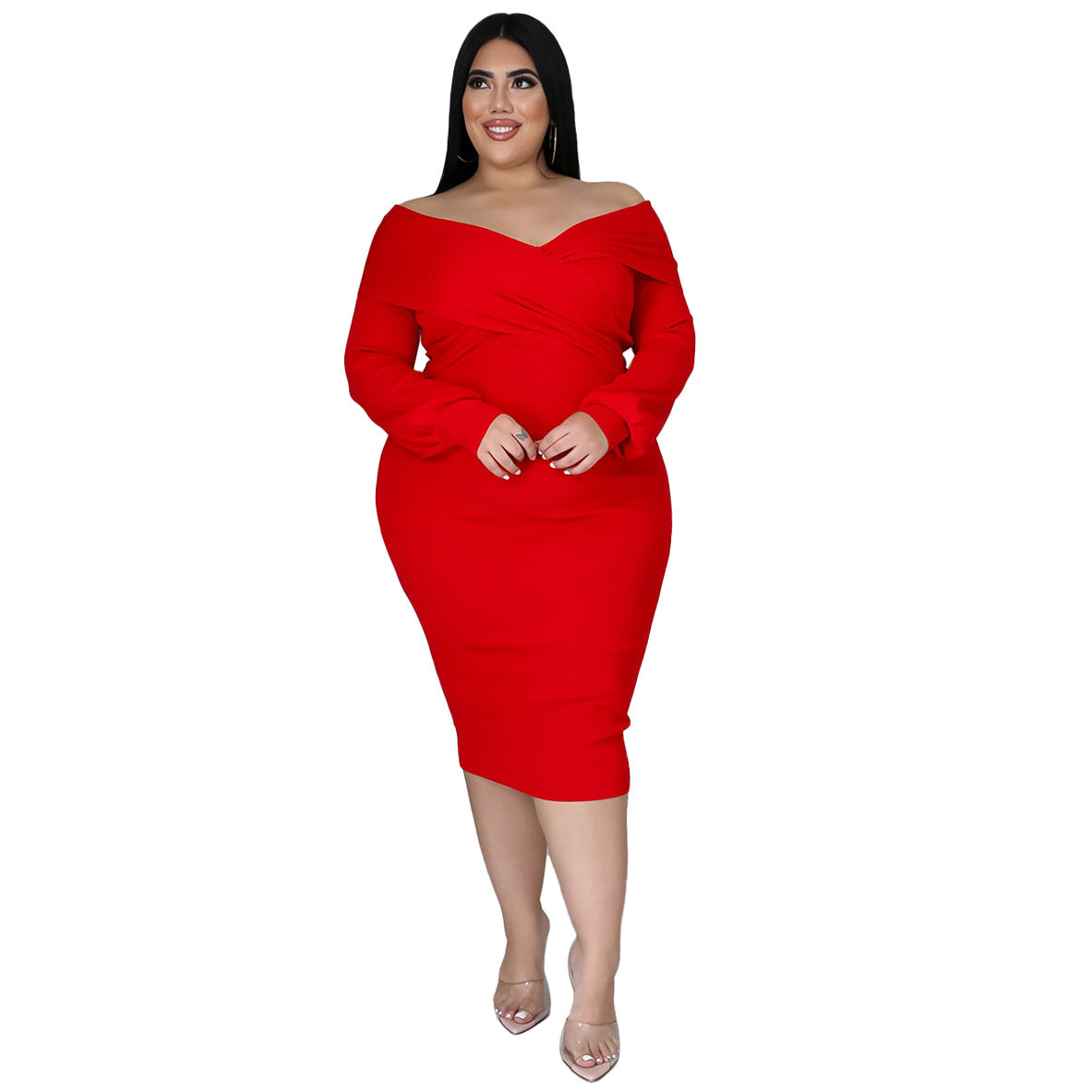 Plus Size Woman Women V-neck Solid Color Midi Dress Sexy Dress