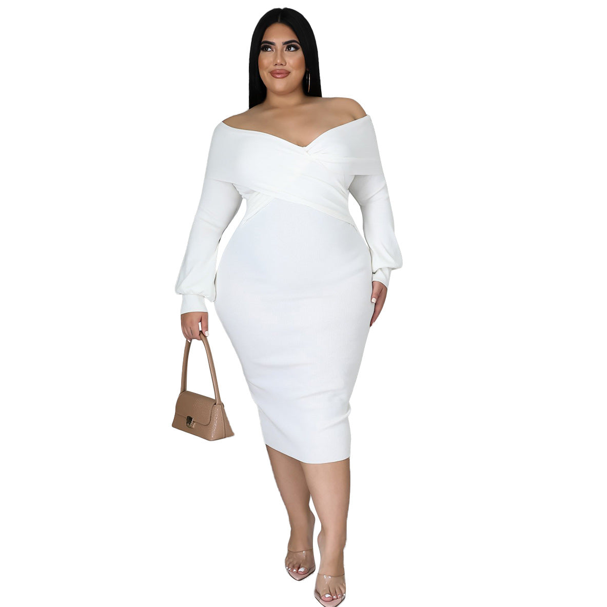Plus Size Woman Women V-neck Solid Color Midi Dress Sexy Dress