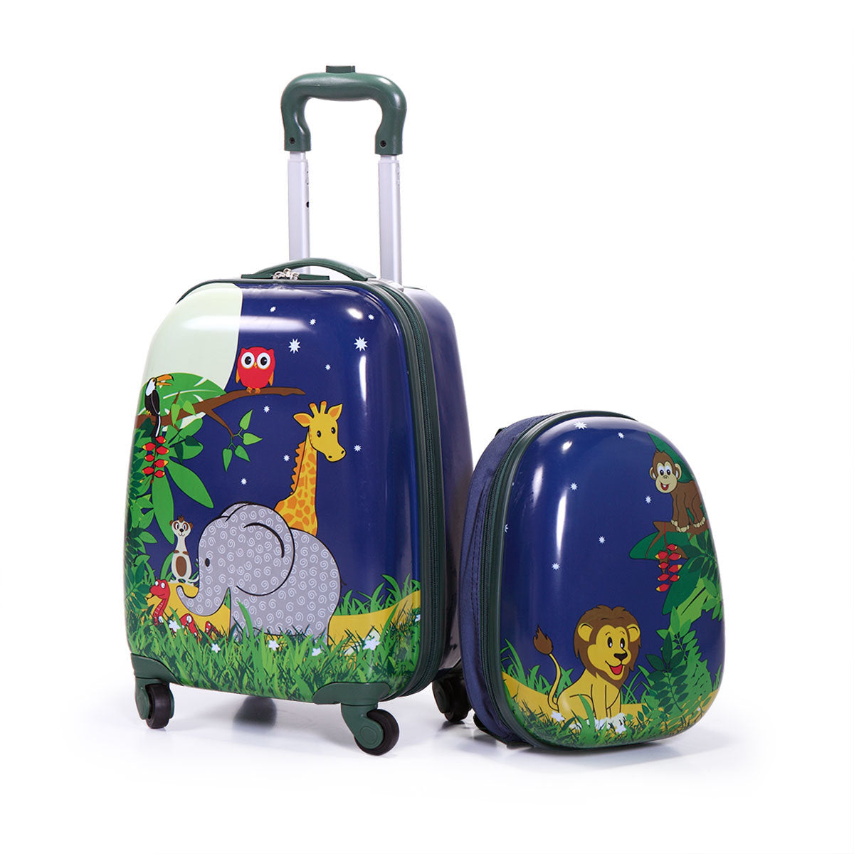 2 PCS Kids Luggage Set; 12" Backpack and 16" Spinner Case with 4 Universal Wheels; Travel Suitcase for Boys Girls; Navy Blue with Animal Patterns