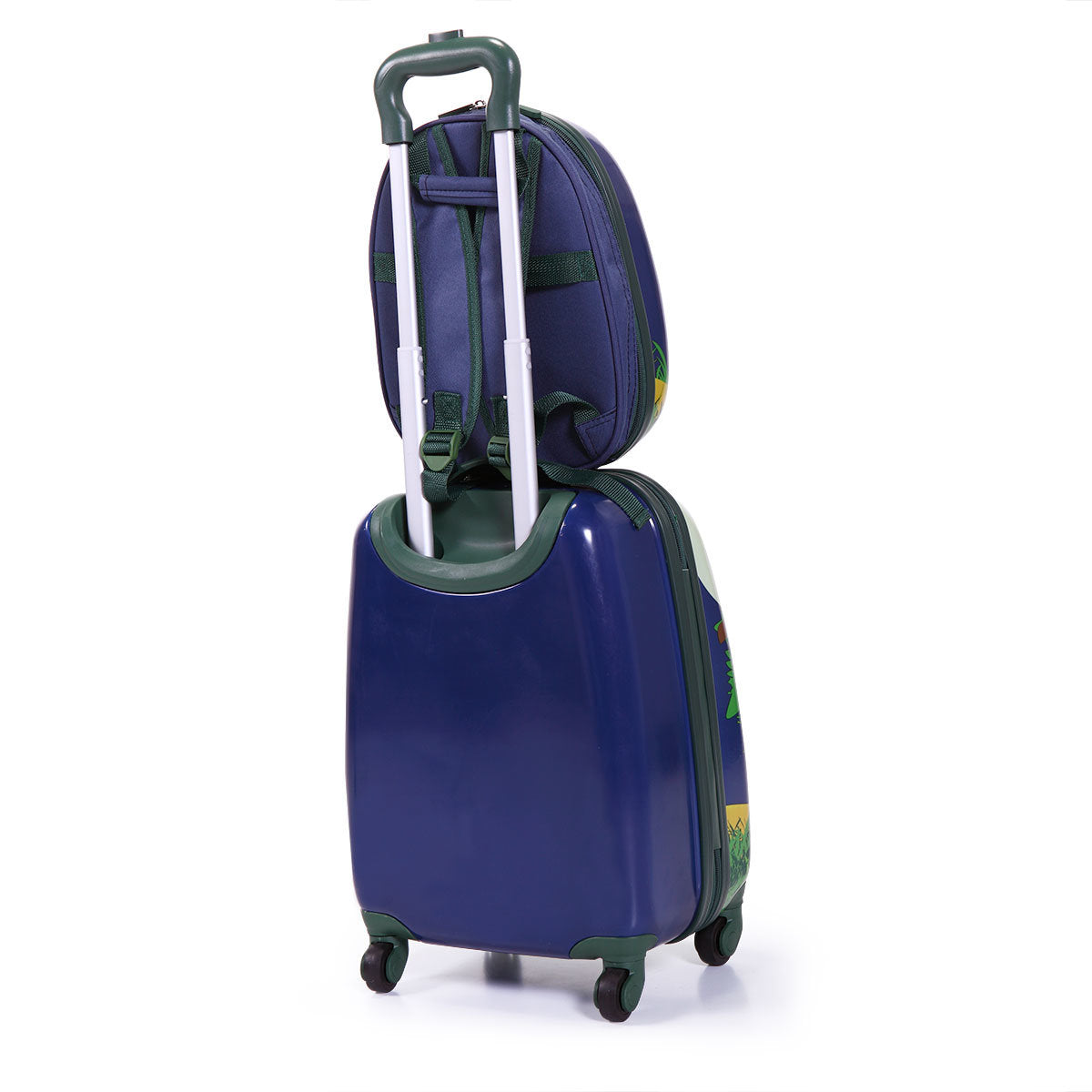 2 PCS Kids Luggage Set; 12" Backpack and 16" Spinner Case with 4 Universal Wheels; Travel Suitcase for Boys Girls; Navy Blue with Animal Patterns