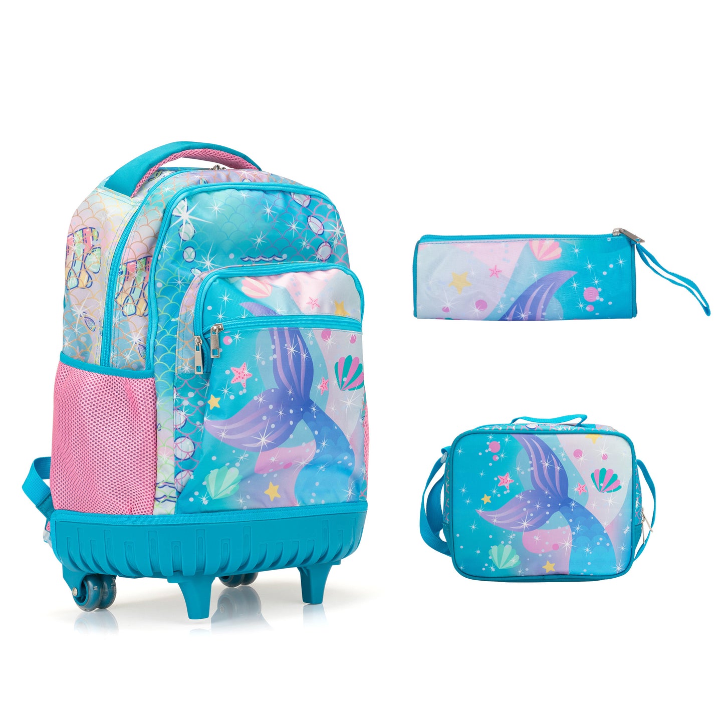 20-Inch 3PCS Kids Rolling Luggage Set; Trolley Backpack with Lunch Bag and Pencil Case for Girls; Suitcase with Mermaid Pattern