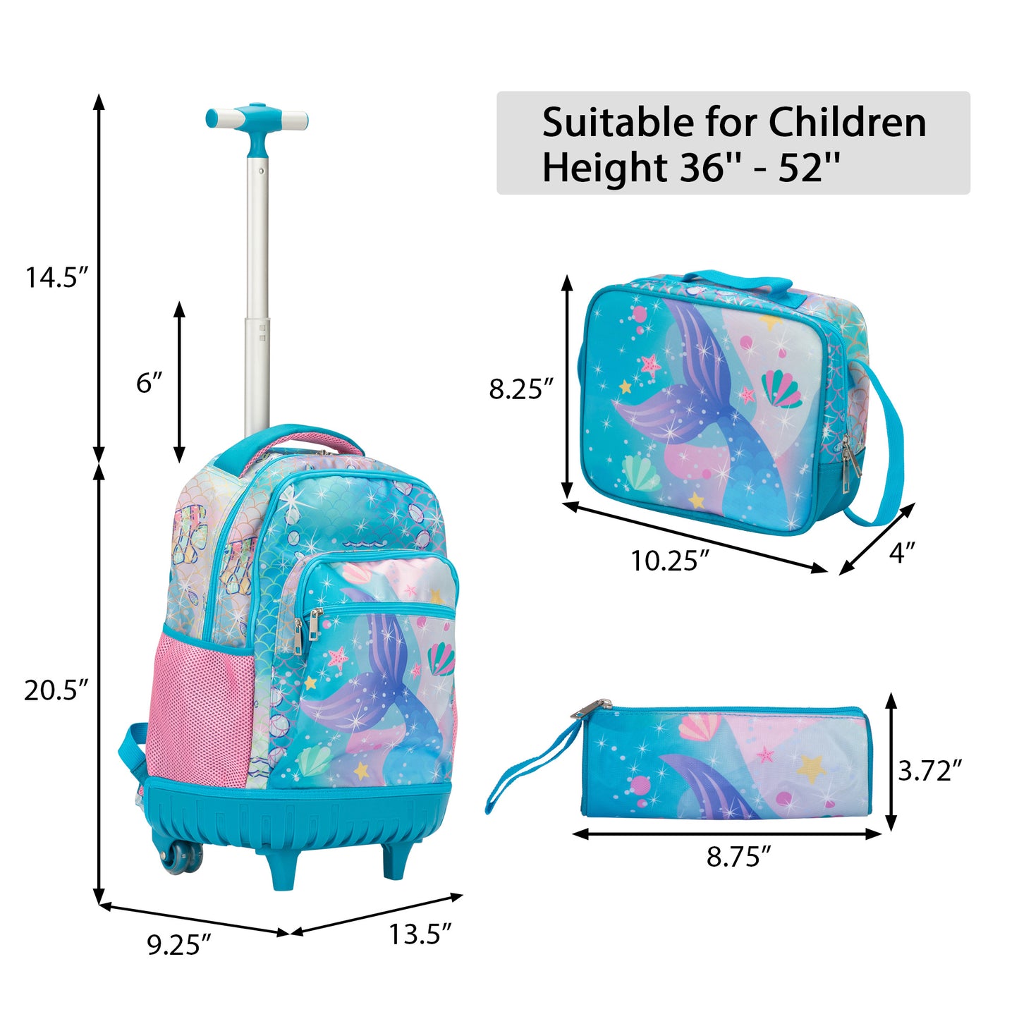 20-Inch 3PCS Kids Rolling Luggage Set; Trolley Backpack with Lunch Bag and Pencil Case for Girls; Suitcase with Mermaid Pattern