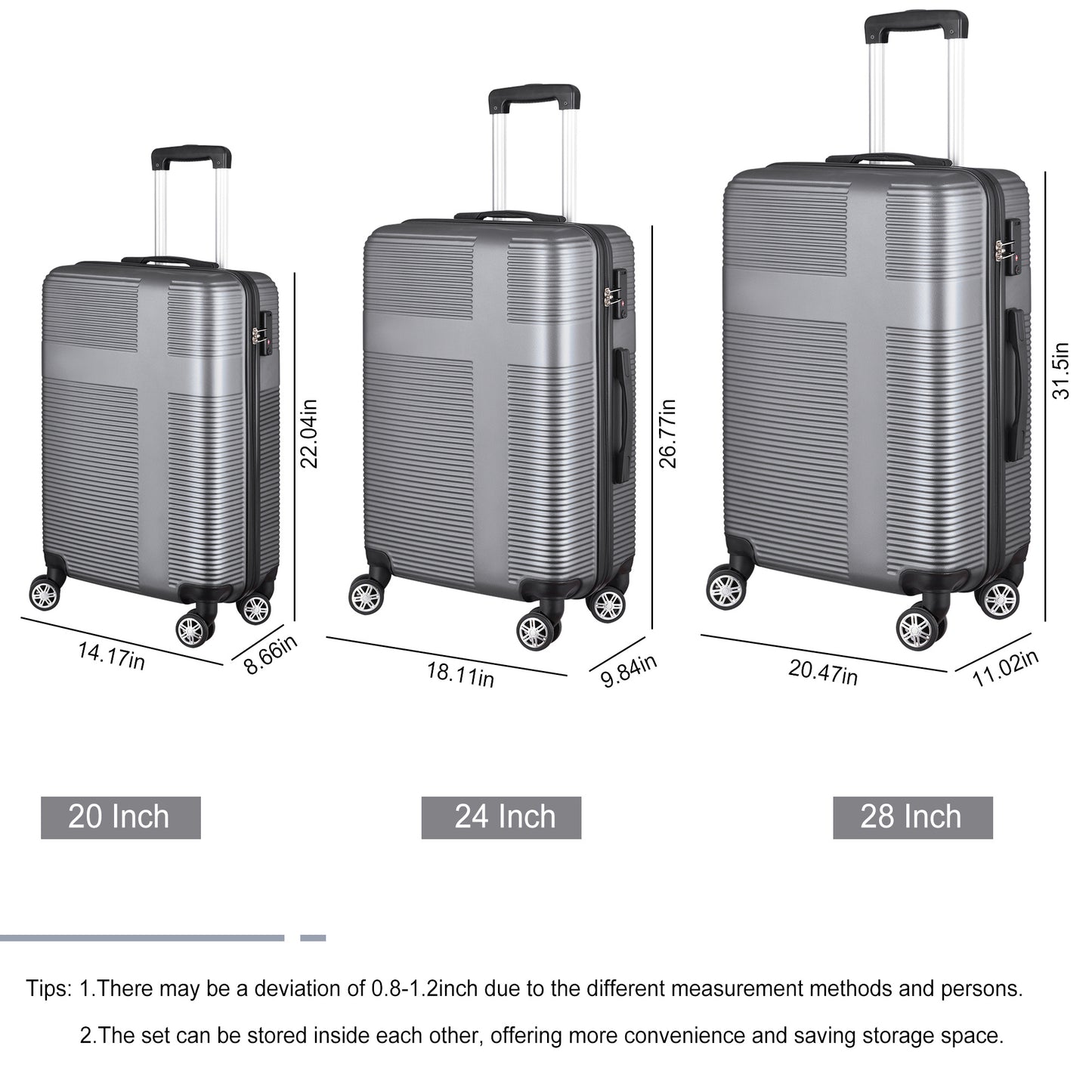 3 Piece Luggage with TSA Lock ABS; Durable Luggage Set