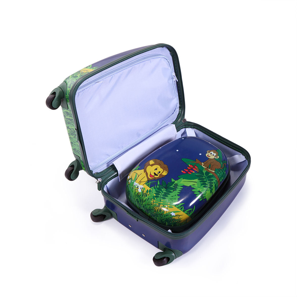 2 PCS Kids Luggage Set; 12" Backpack and 16" Spinner Case with 4 Universal Wheels; Travel Suitcase for Boys Girls; Navy Blue with Animal Patterns