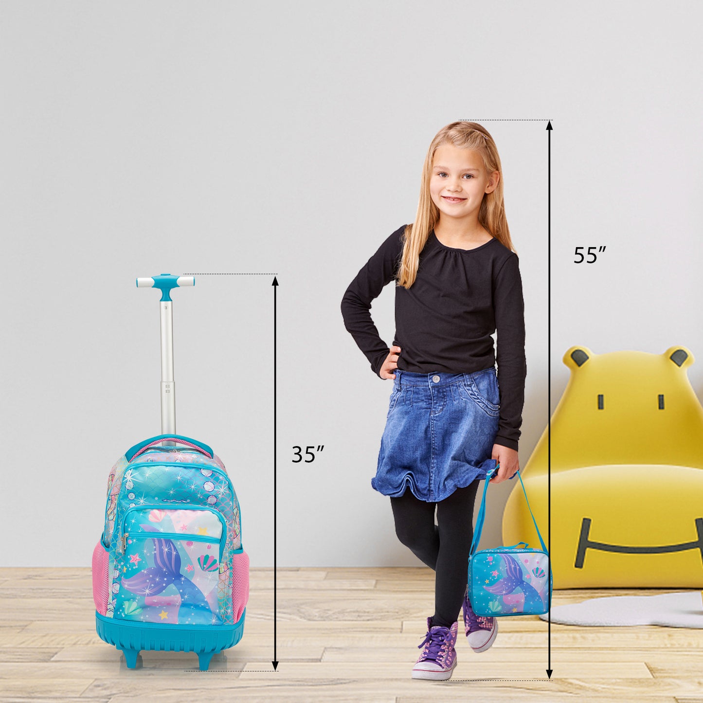 20-Inch 3PCS Kids Rolling Luggage Set; Trolley Backpack with Lunch Bag and Pencil Case for Girls; Suitcase with Mermaid Pattern