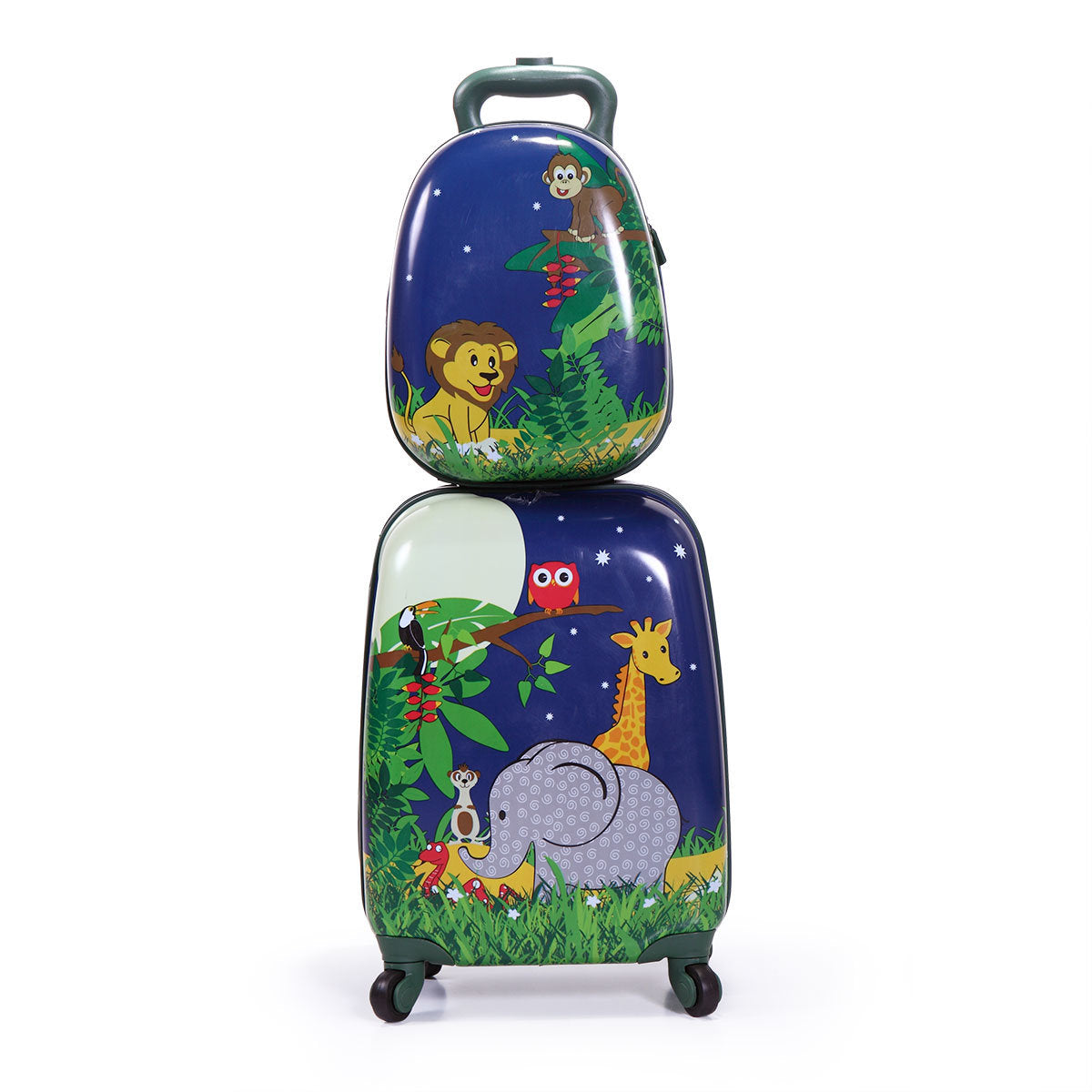 2 PCS Kids Luggage Set; 12" Backpack and 16" Spinner Case with 4 Universal Wheels; Travel Suitcase for Boys Girls; Navy Blue with Animal Patterns