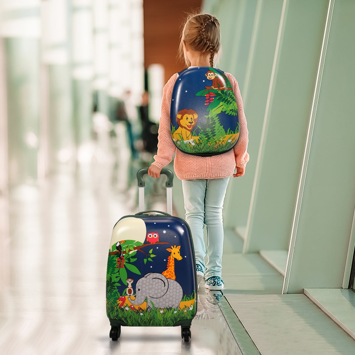 2 PCS Kids Luggage Set; 12" Backpack and 16" Spinner Case with 4 Universal Wheels; Travel Suitcase for Boys Girls; Navy Blue with Animal Patterns