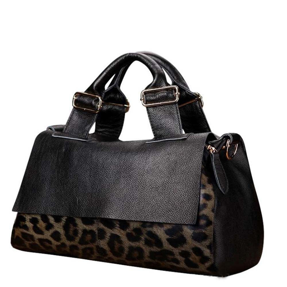 Fashion Genuine Leather Big Tote Handbags Leopard Pattern Soft Ladies Shoulder Bags