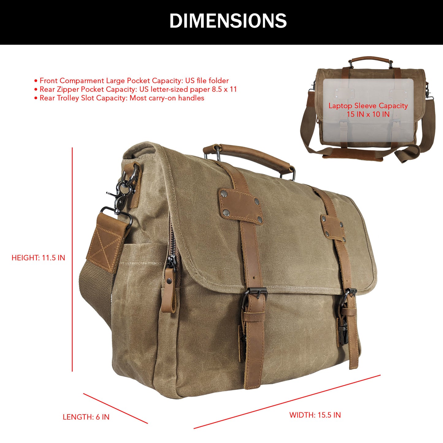 Canvas Messenger Bag for Men; Laptop Case; Satchel | Office Professionals; Students; Travel | Waxed Canvas; Genuine Leather; Smoked Metal Hardware | Portable Office; Trolley Sleeve; Organizer