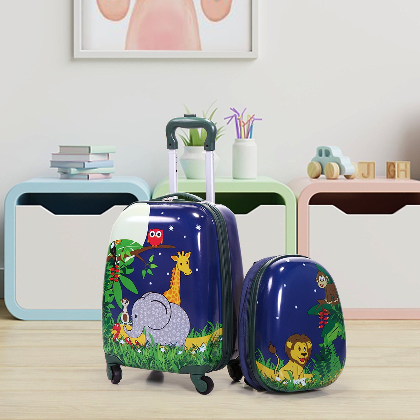 2 PCS Kids Luggage Set; 12" Backpack and 16" Spinner Case with 4 Universal Wheels; Travel Suitcase for Boys Girls; Navy Blue with Animal Patterns