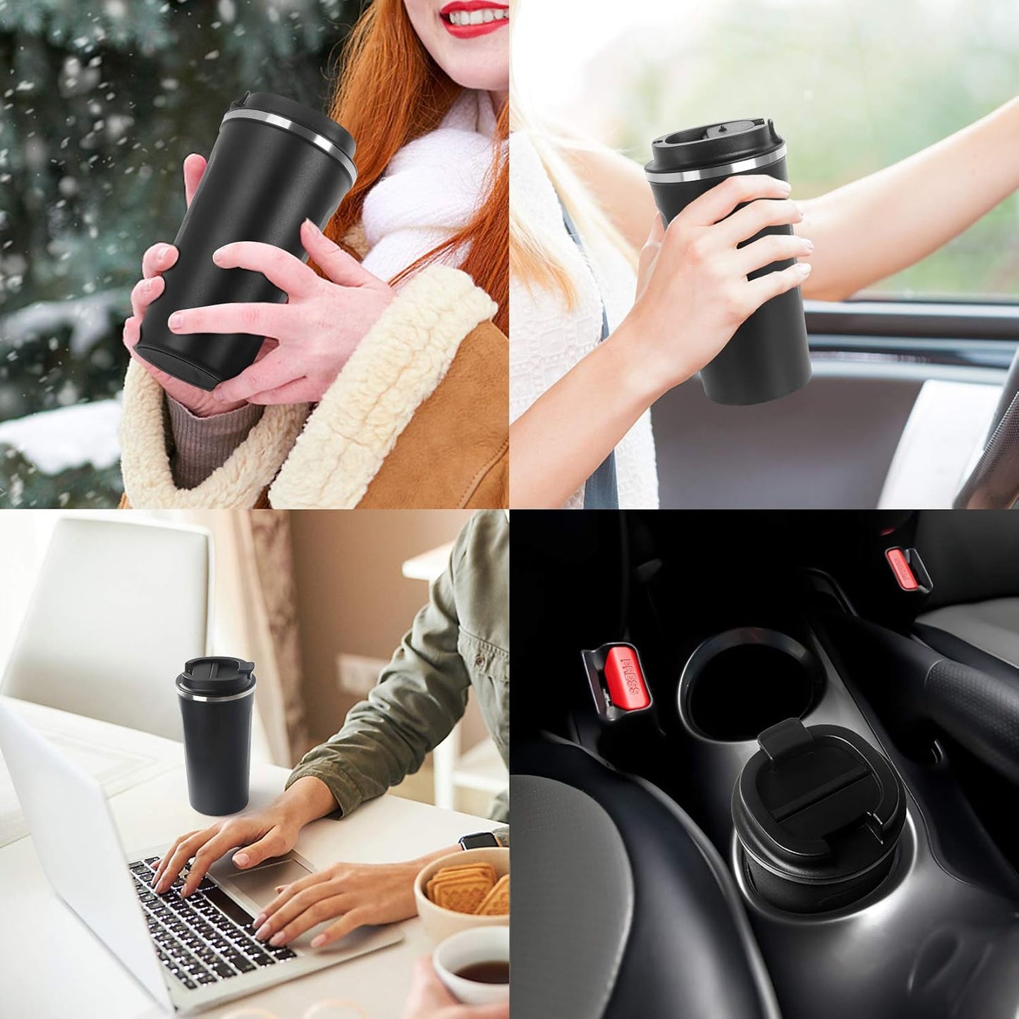 17Oz (510Ml) Vacuum Insulated Coffee Travel Mug, Leakproof Double Wall Stainless Steel Reusable Coffee Cup with Lid for Hot & Cold Drinks, Matte Texture Black