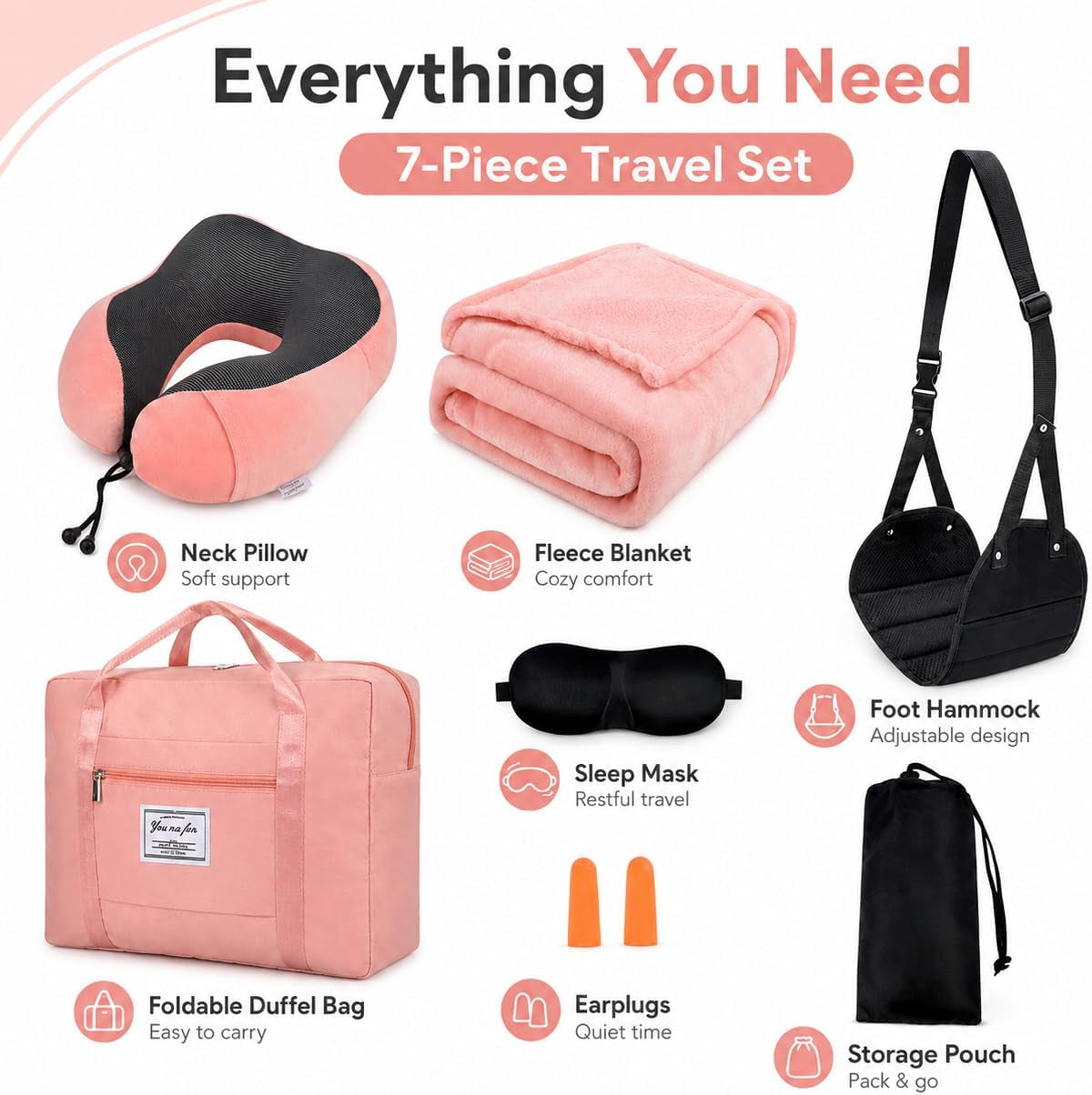Travel Pillow and Blanket Set - Foot Hammock Rest Airplane Essentials, Pink