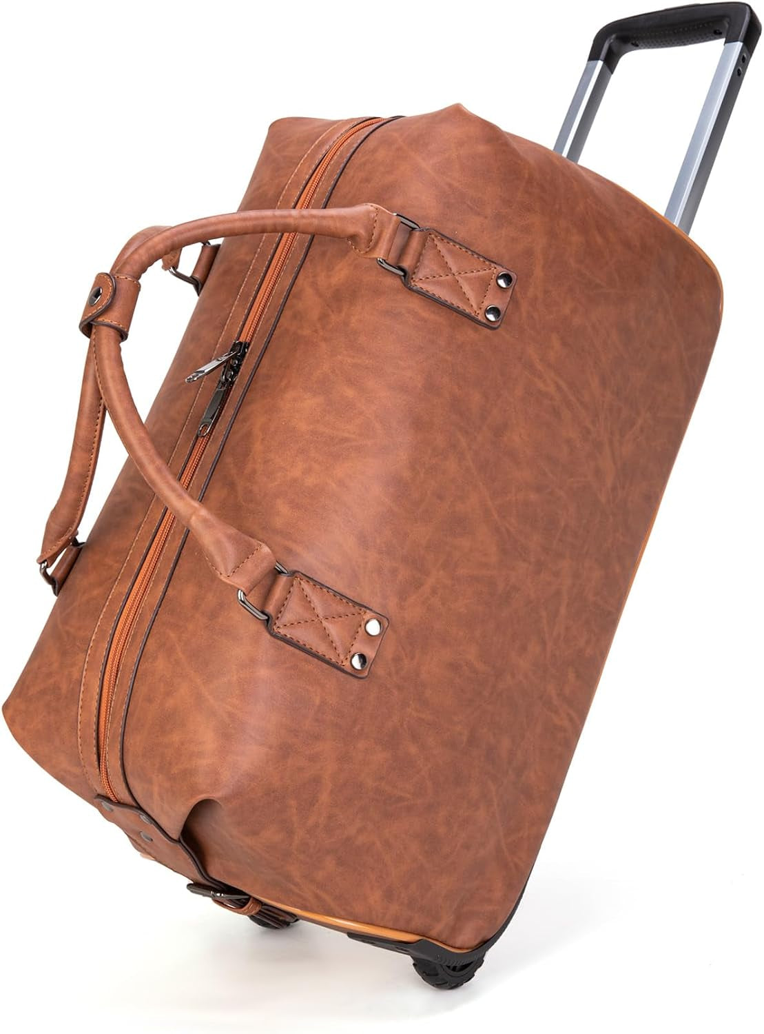 PU Leather Rolling Duffel Bag, Waterproof Weekender with Wheels