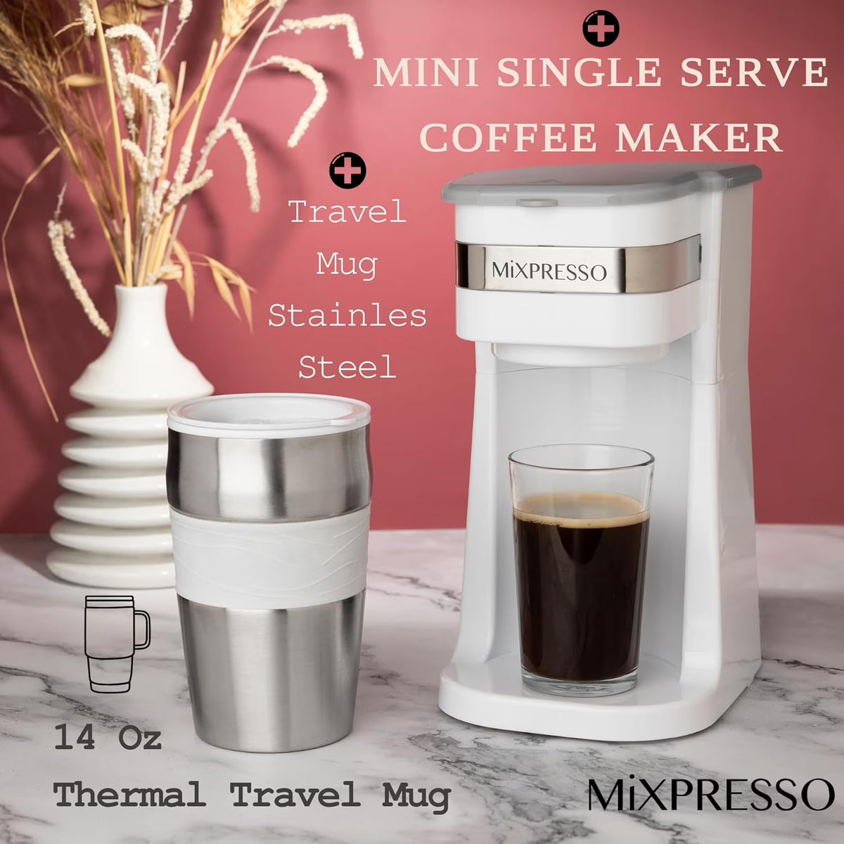 Single Serve Coffee Maker Ground Coffee and 14Oz Travel Mug White
