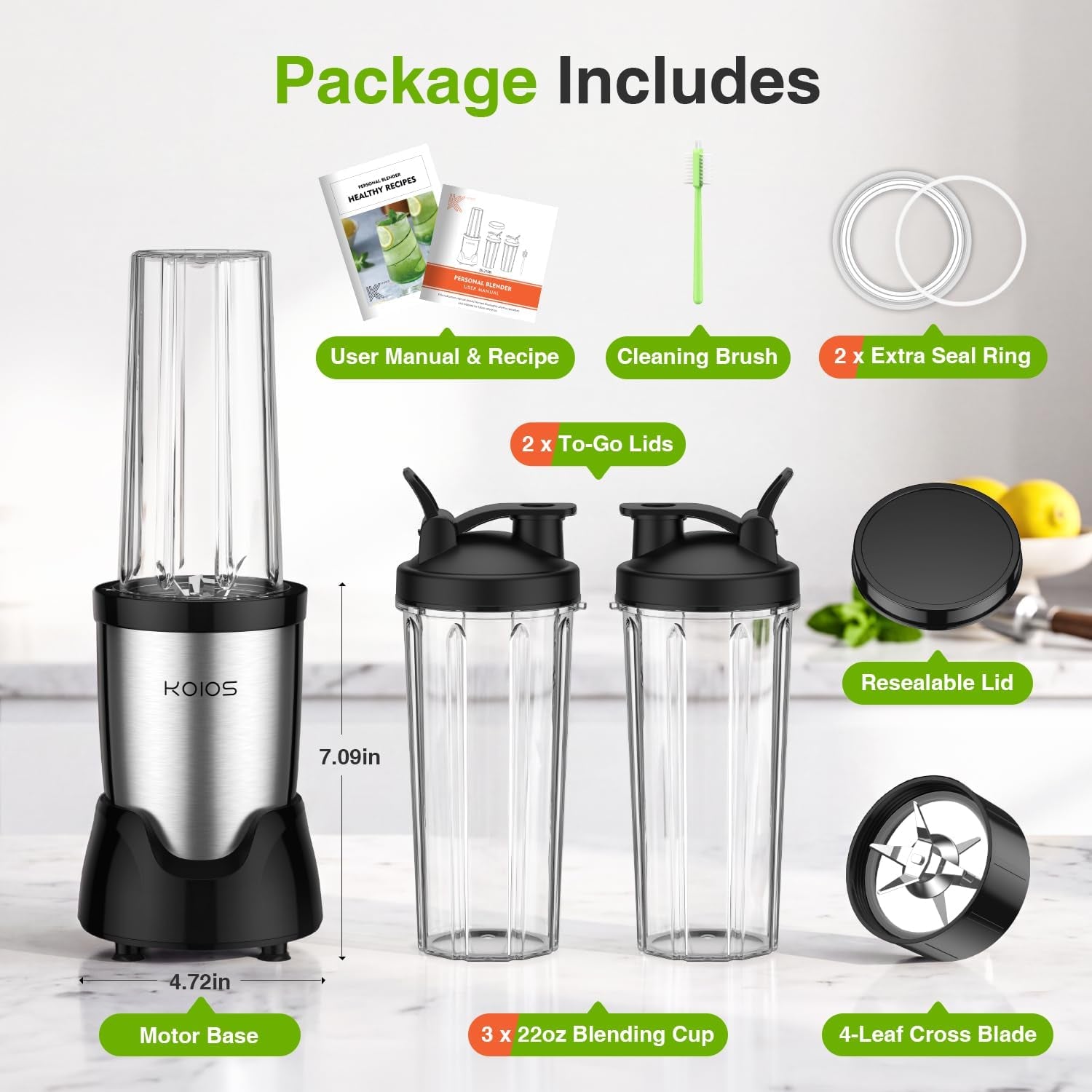 Personal Blender for Smoothies with 3 X 22Oz To-Go Cups, BL319B Black