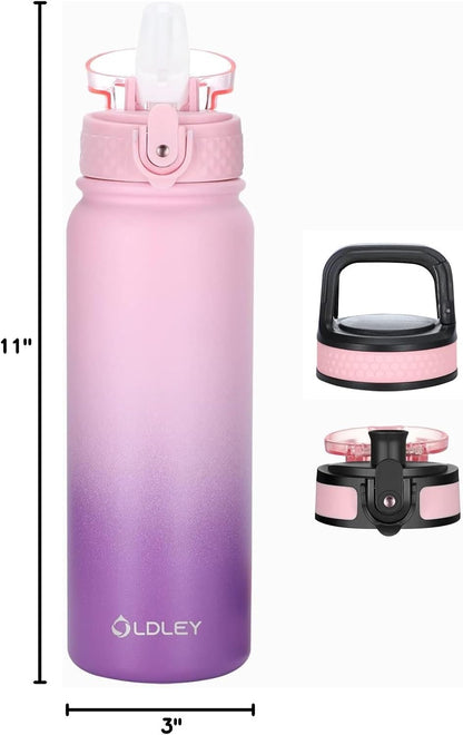 Water Bottles 20 Oz Insulated Water Bottle with Straw 3 Lids,Vacuum Stainless Steel Water Bottles, Leak & Sweat Proof Sport Water Bottle Gym for Kids Adults