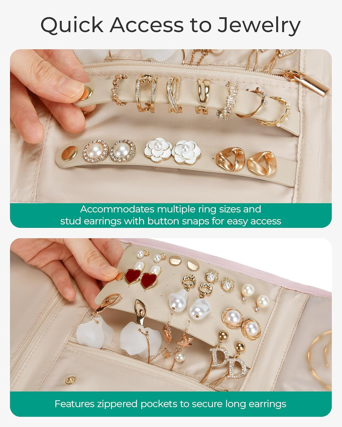 Travel Jewelry Organizer Case, Foldable Jewelry Roll for Necklaces, Earrings, Journey-Rings, Bracelets, Brooches, Portable, Teal