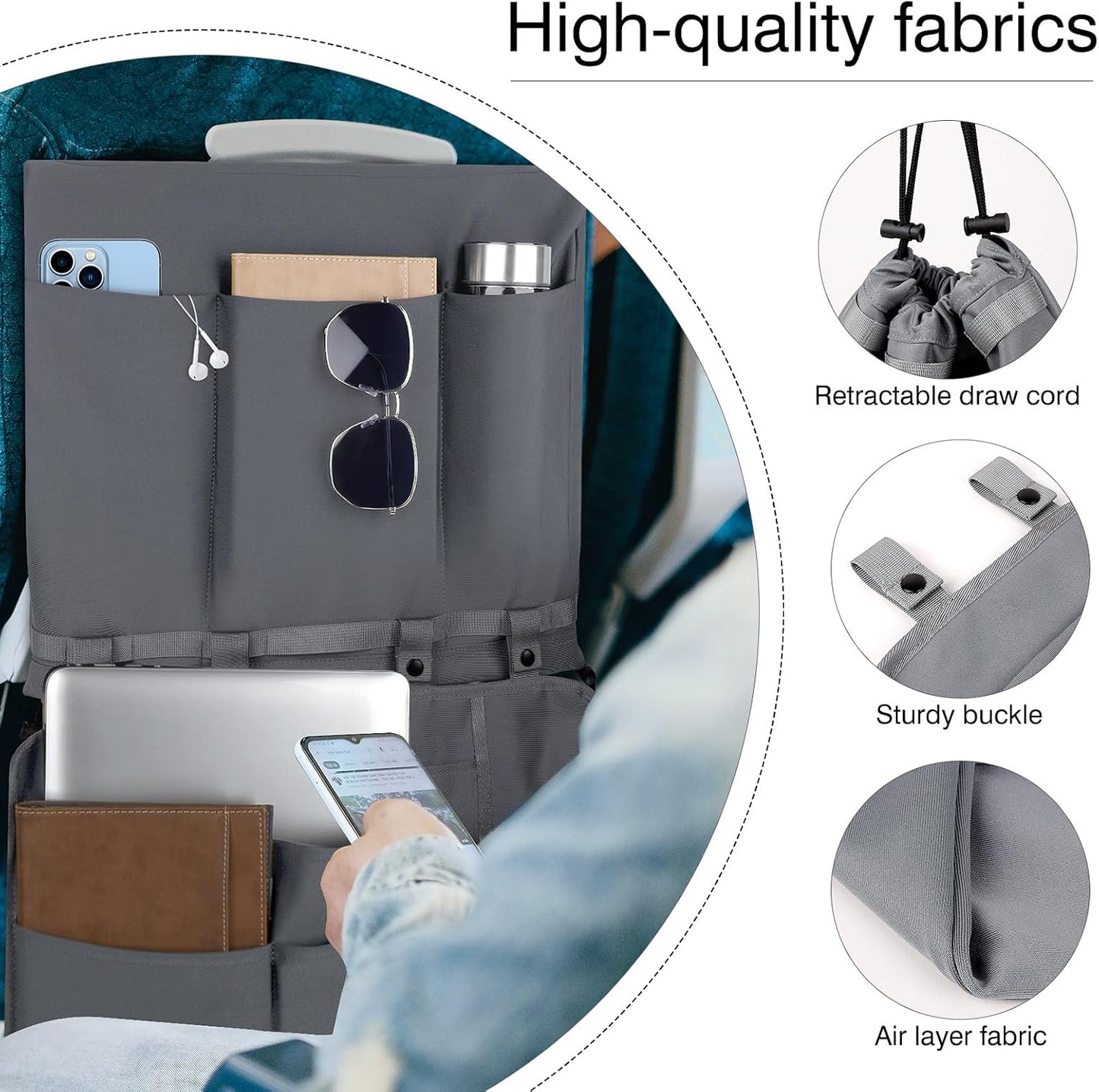 Airplane Tray Table Cover with under Desk Attachment Set, Travel Accessories for Seat Back Organize & Item Storage, Washable Airplane Accessories with Water Bottle Holder (Grey)
