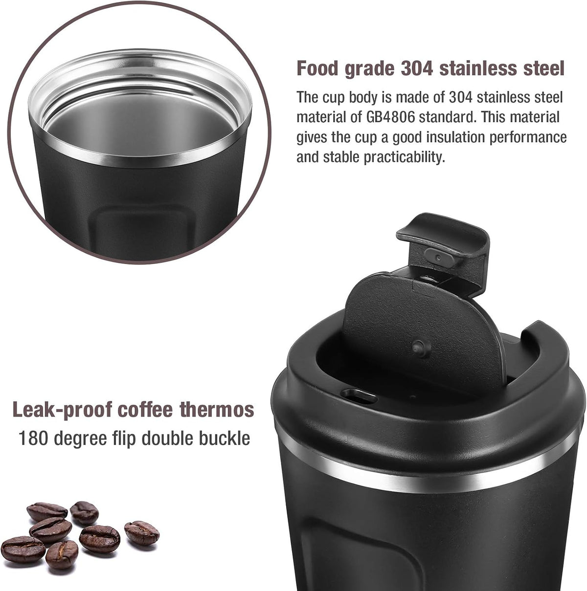 17Oz (510Ml) Vacuum Insulated Coffee Travel Mug, Leakproof Double Wall Stainless Steel Reusable Coffee Cup with Lid for Hot & Cold Drinks, Matte Texture Black