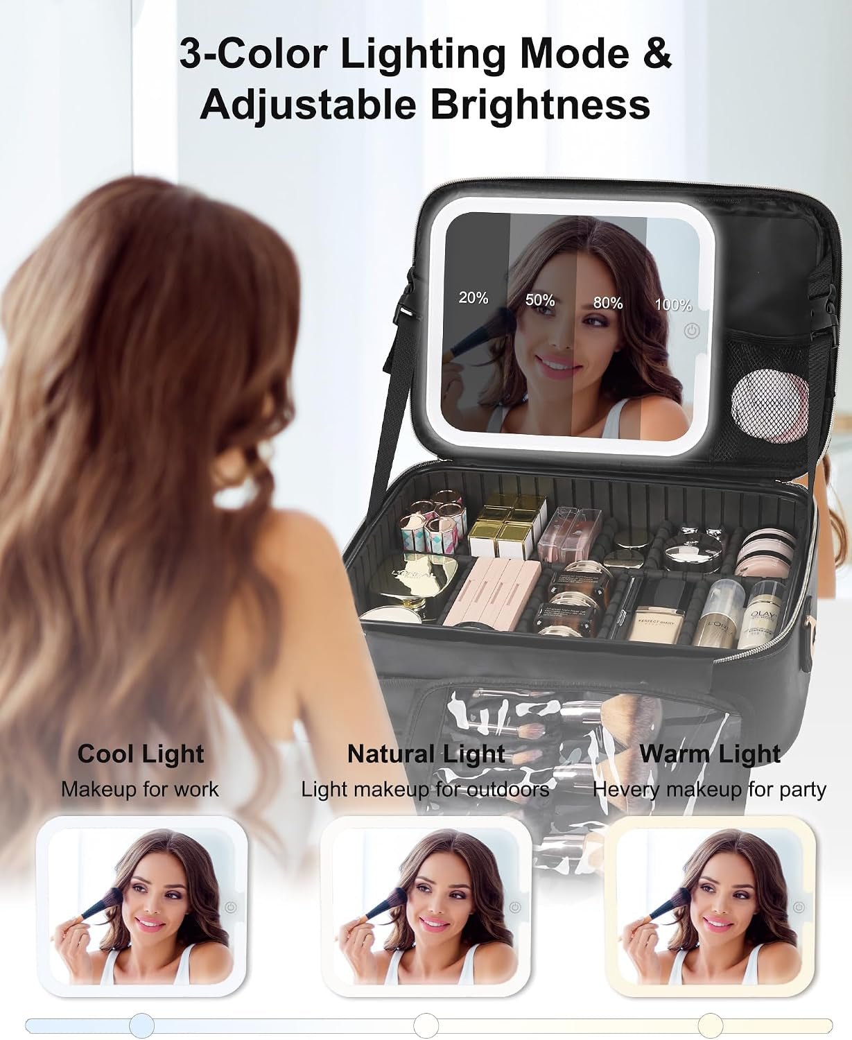 Makeup Train Case with LED Mirror, Professional Travel Cosmetic Bag with Removable Partitions,Compact Makeup Organizer, Waterproof Toiletry Case for Women, Black