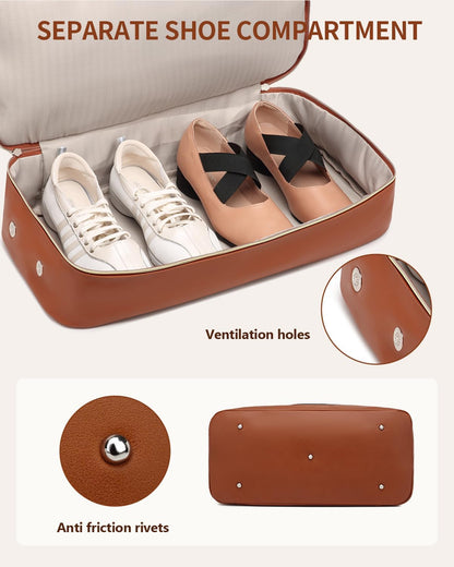 Weekender Bags for Women, Travel Tote Duffle Bag Carry on Overnight Bag with Cosmetics Bag and Crossbody Purse for Gym Hospital, Gifts for Women, Beige Brown