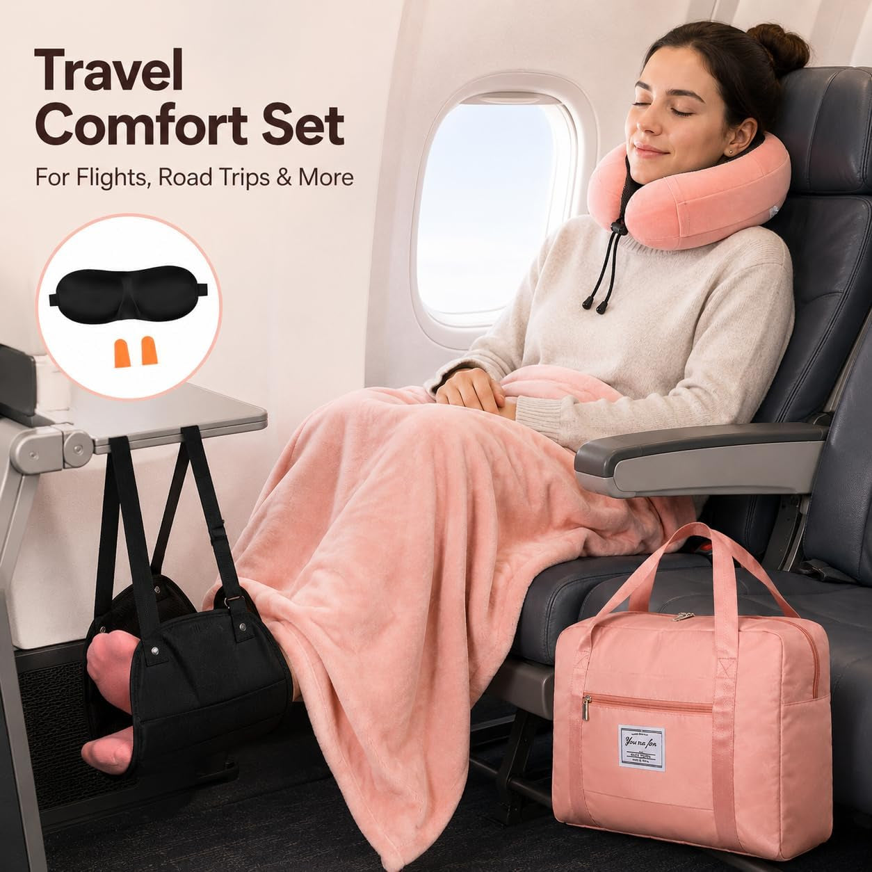 Travel Pillow and Blanket Set - Foot Hammock Rest Airplane Essentials, Pink