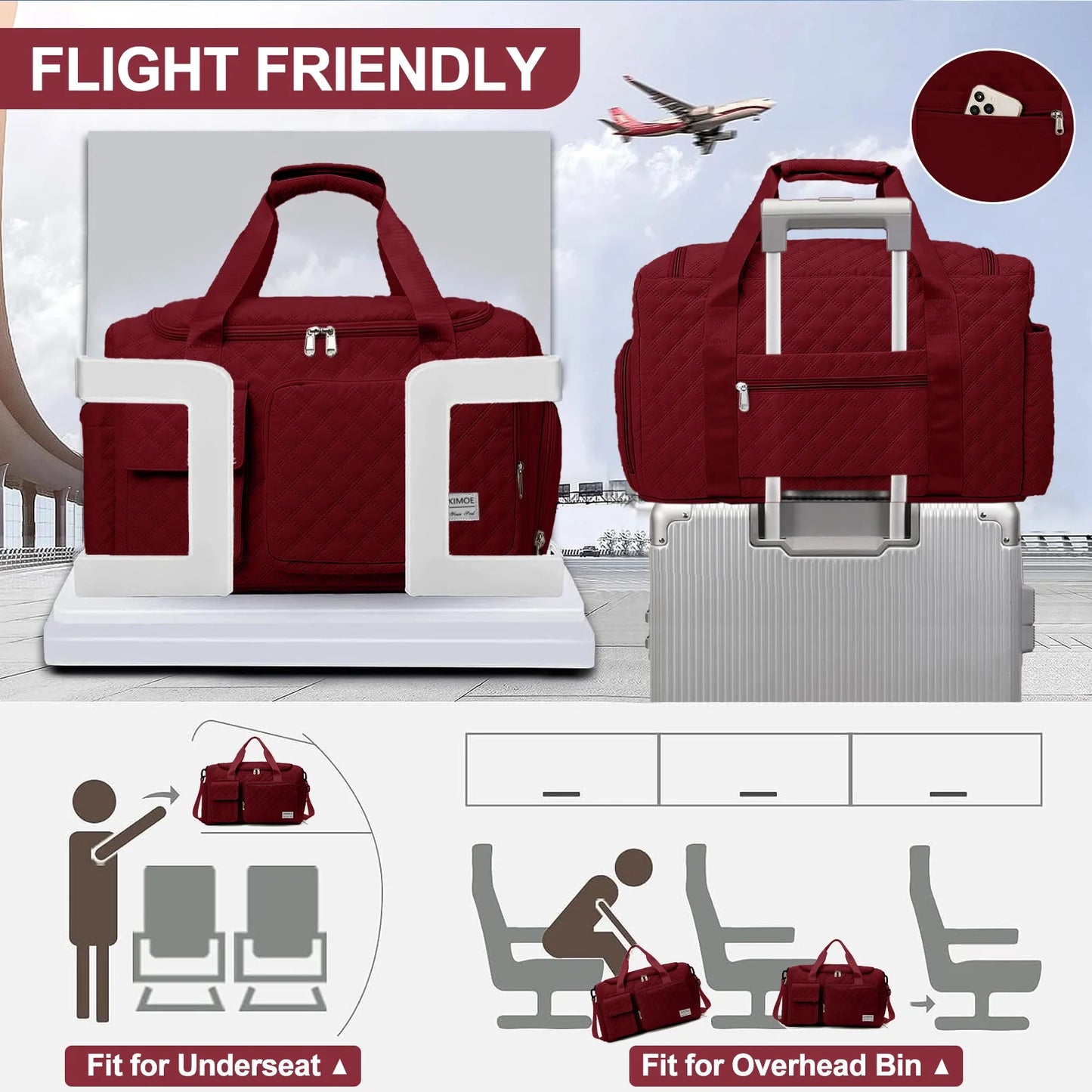Travel Duffle Bag for Women Men, Weekender Overnight Bags Carry on Gym Bag with Wet Pocket/Adjustable Strap/Shoe Compartment, Foldable Waterproof Duffel Tote for Plane Sports Dance, Wine Red