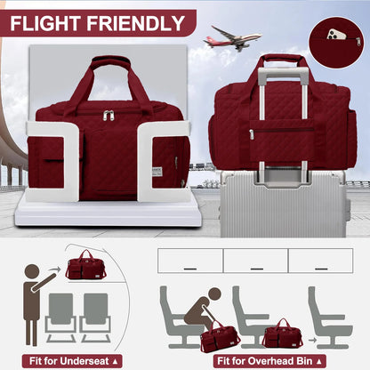 Travel Duffle Bag for Women Men, Weekender Overnight Bags Carry on Gym Bag with Wet Pocket/Adjustable Strap/Shoe Compartment, Foldable Waterproof Duffel Tote for Plane Sports Dance, Wine Red