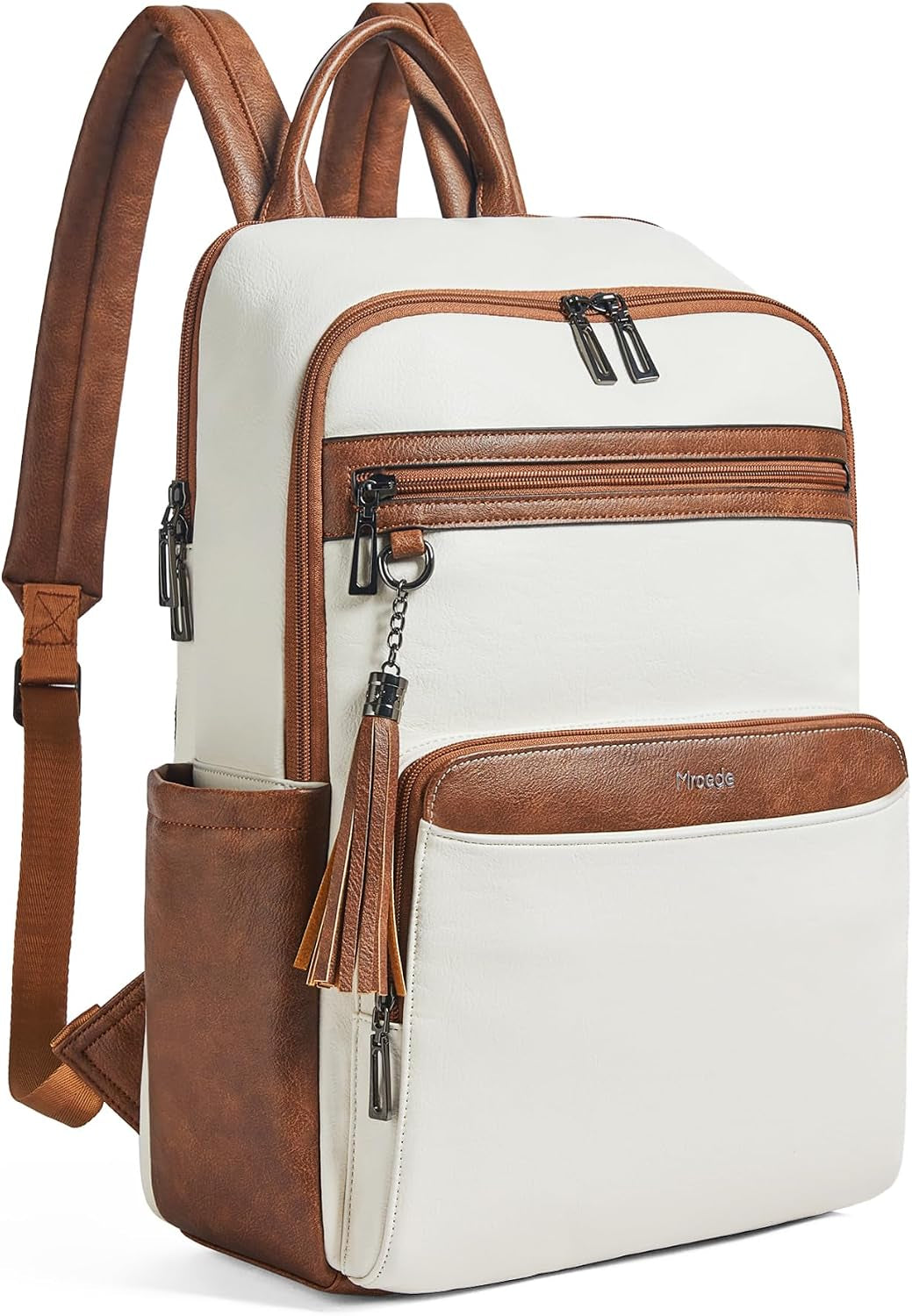 Leather Laptop Backpack for Women,Leather Backpack with Laptop Compartment Fit 15.6 Inch Laptops,Carry-On Travel Backpacks,Casual Daypack for Work Business Weekender College,Beige